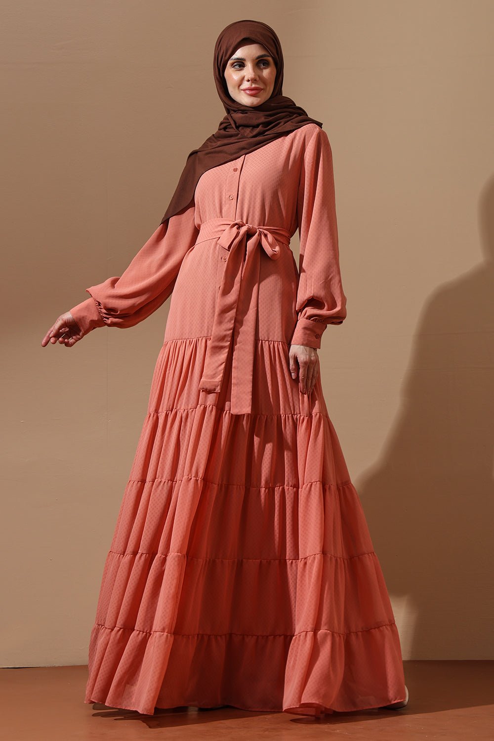 Peach Tiered Maxi Dress with Belted Waist - EastEssence.com