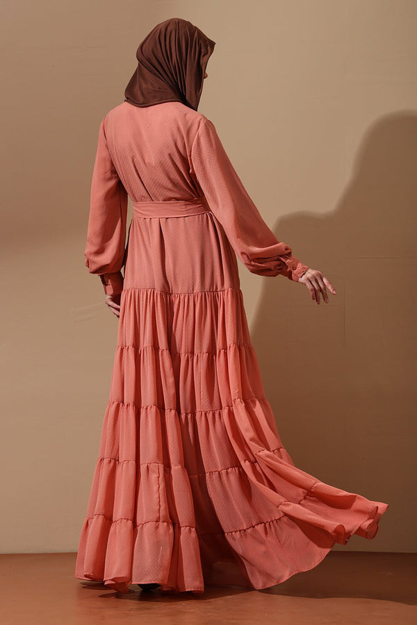 Peach Tiered Maxi Dress with Belted Waist - EastEssence.com