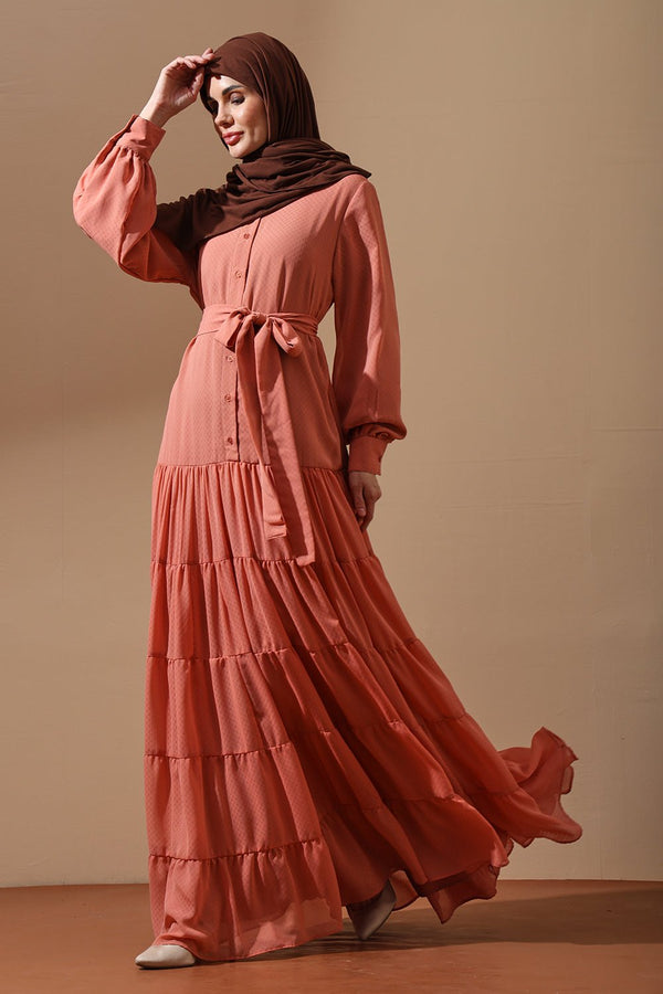Peach Tiered Maxi Dress with Belted Waist - EastEssence.com