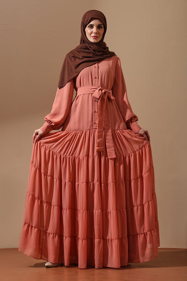 Peach Tiered Maxi Dress with Belted Waist - EastEssence.com