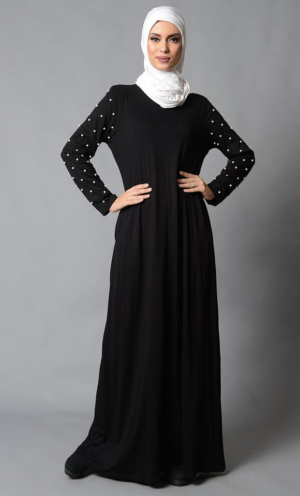 Pearl Embellished Sleeves Casual Abaya Dress ( Black ) - Final Sale - EastEssence.com