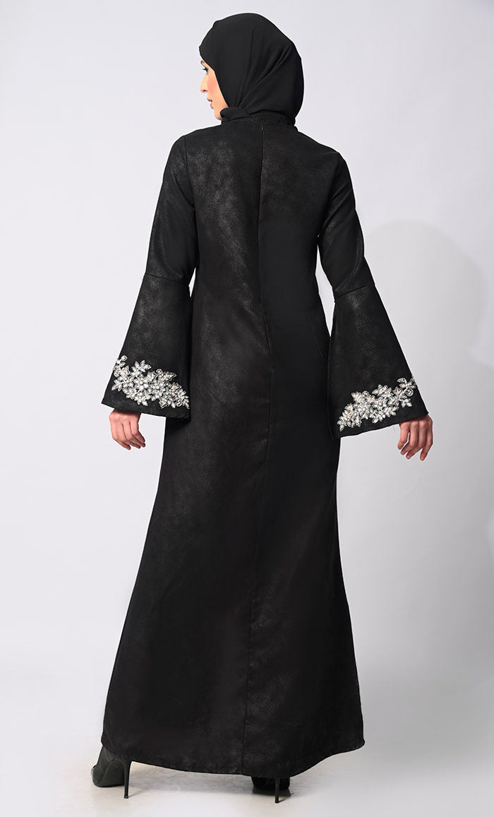 Pearls of Elegance: Stone Handwork Black Abaya with Belt and Hijab - EastEssence.com