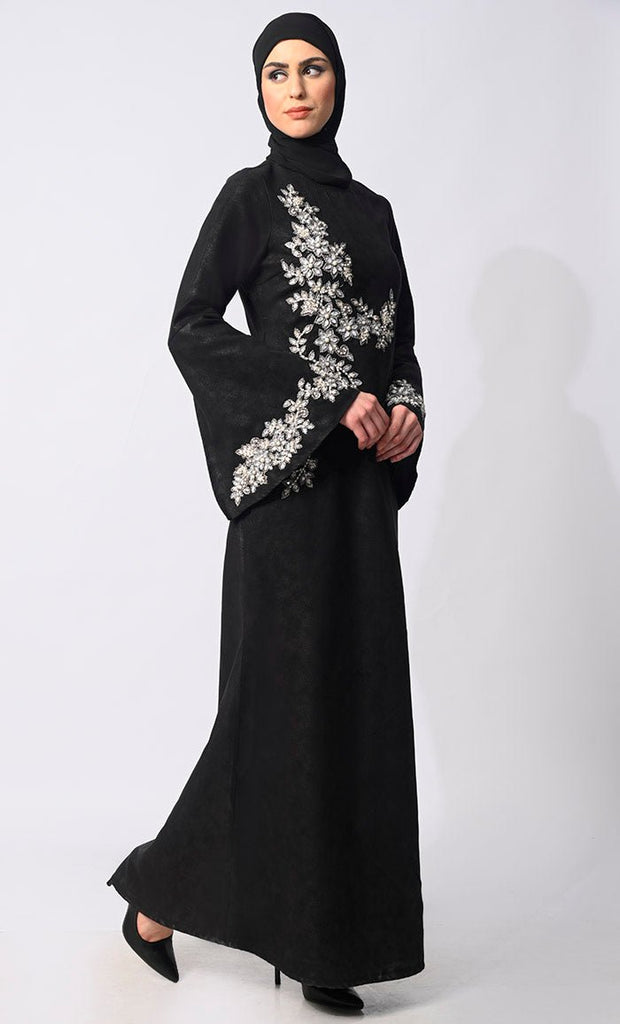 Pearls of Elegance: Stone Handwork Black Abaya with Belt and Hijab - EastEssence.com