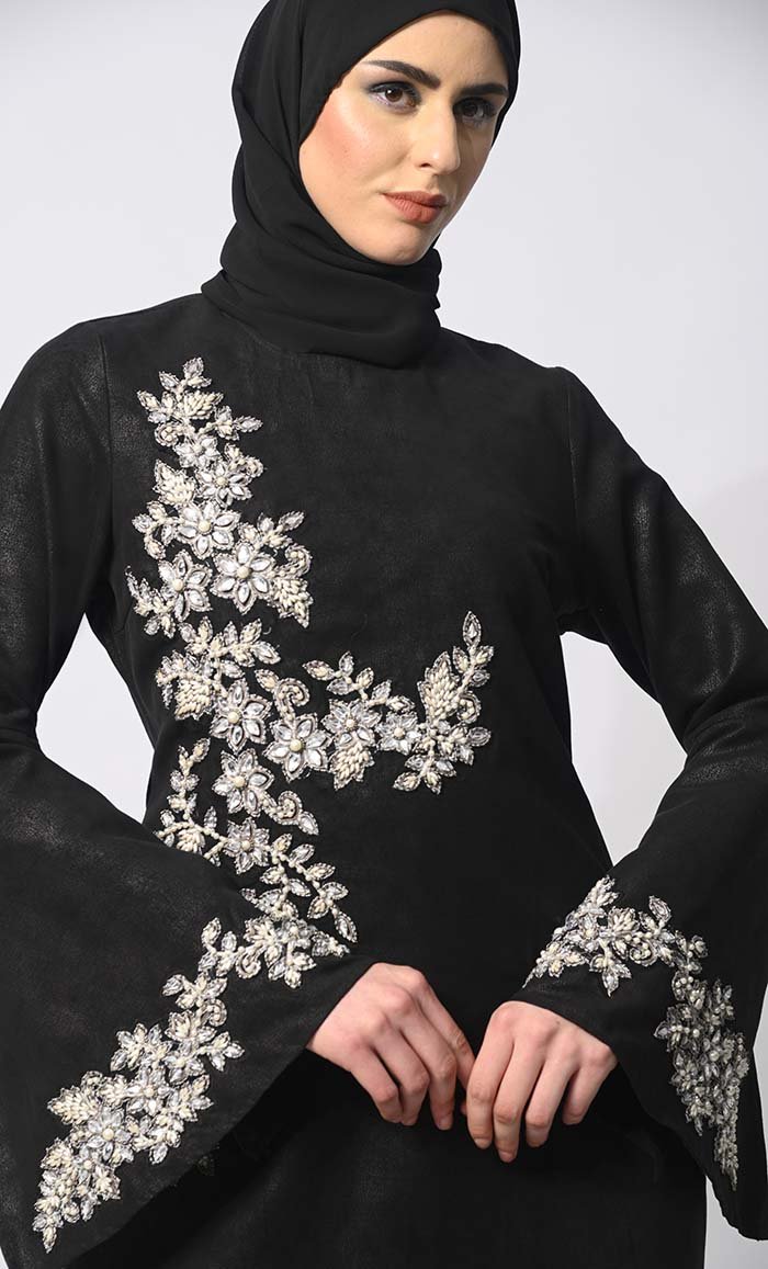 Pearls of Elegance: Stone Handwork Black Abaya with Belt and Hijab - EastEssence.com