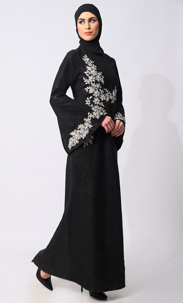 Pearls of Elegance: Stone Handwork Black Abaya with Belt and Hijab - Final Sale - EastEssence.com