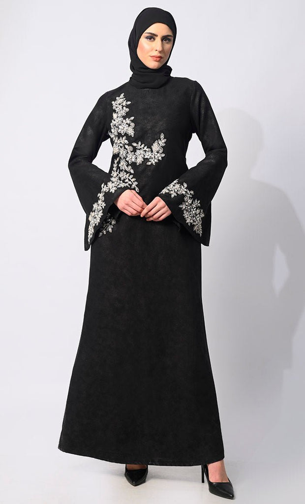 Pearls of Elegance: Stone Handwork Black Abaya with Belt and Hijab - Final Sale - EastEssence.com