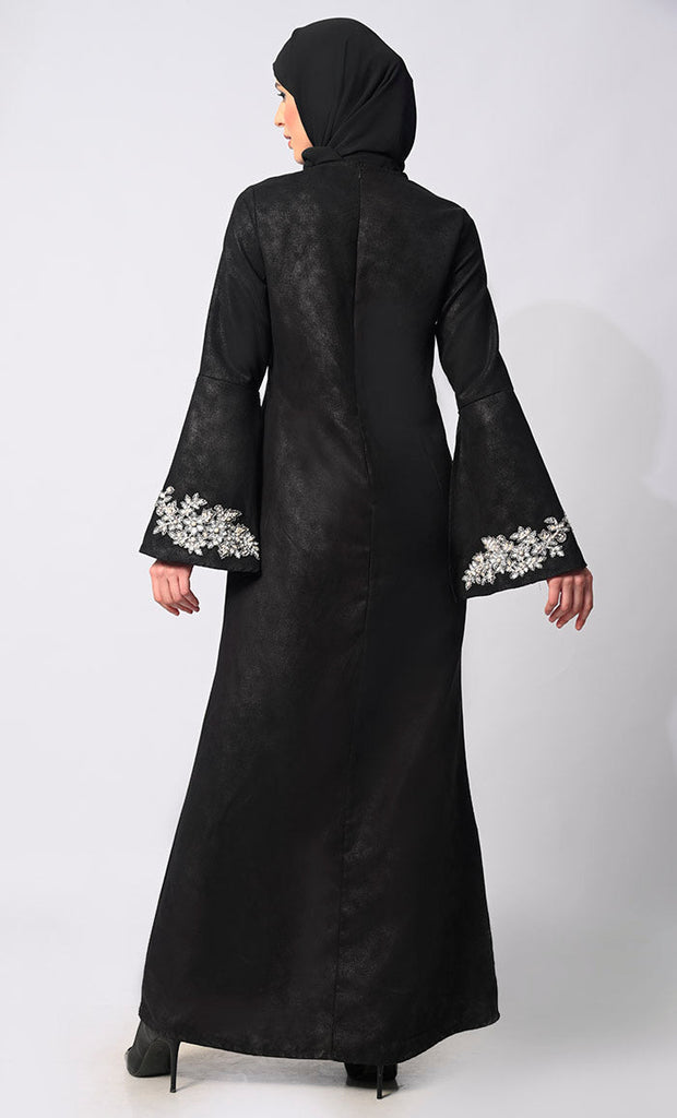 Pearls of Elegance: Stone Handwork Black Abaya with Belt and Hijab - Final Sale - EastEssence.com