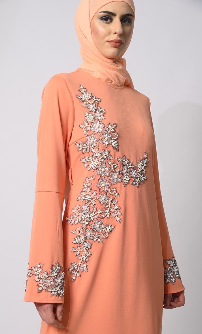 Pearls of Elegance: Stone Handwork Peach Abaya with Belt and Hijab - EastEssence.com