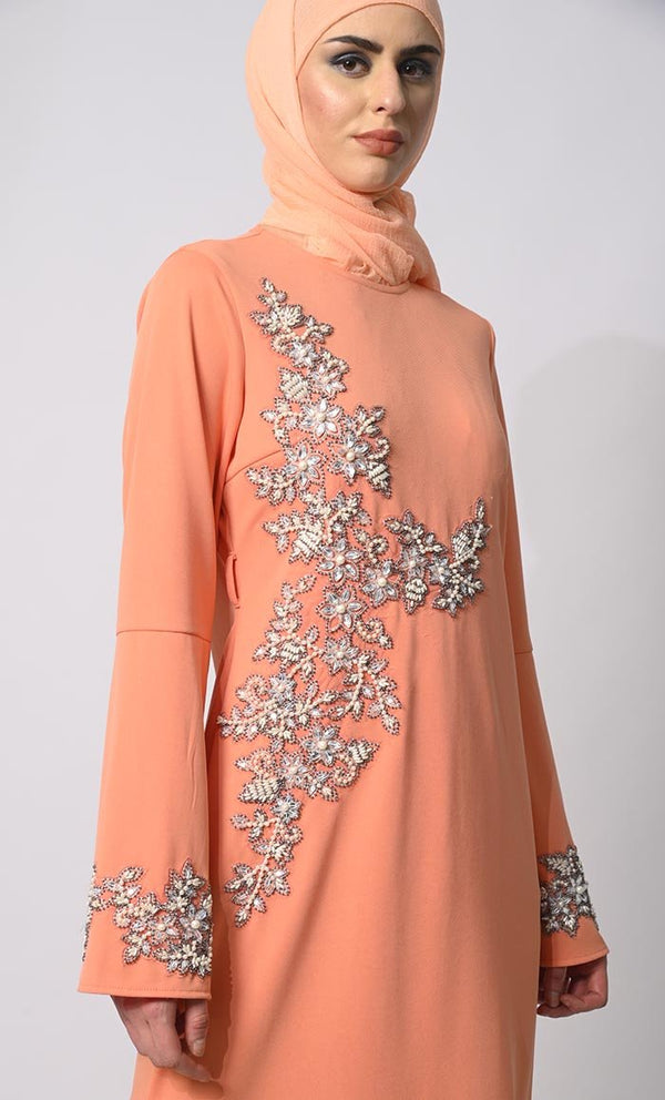 Pearls of Elegance: Stone Handwork Peach Abaya with Belt and Hijab - EastEssence.com