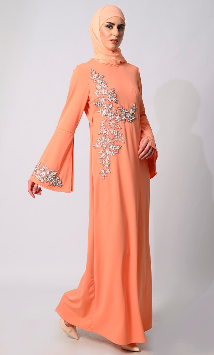 Pearls of Elegance: Stone Handwork Peach Abaya with Belt and Hijab - EastEssence.com