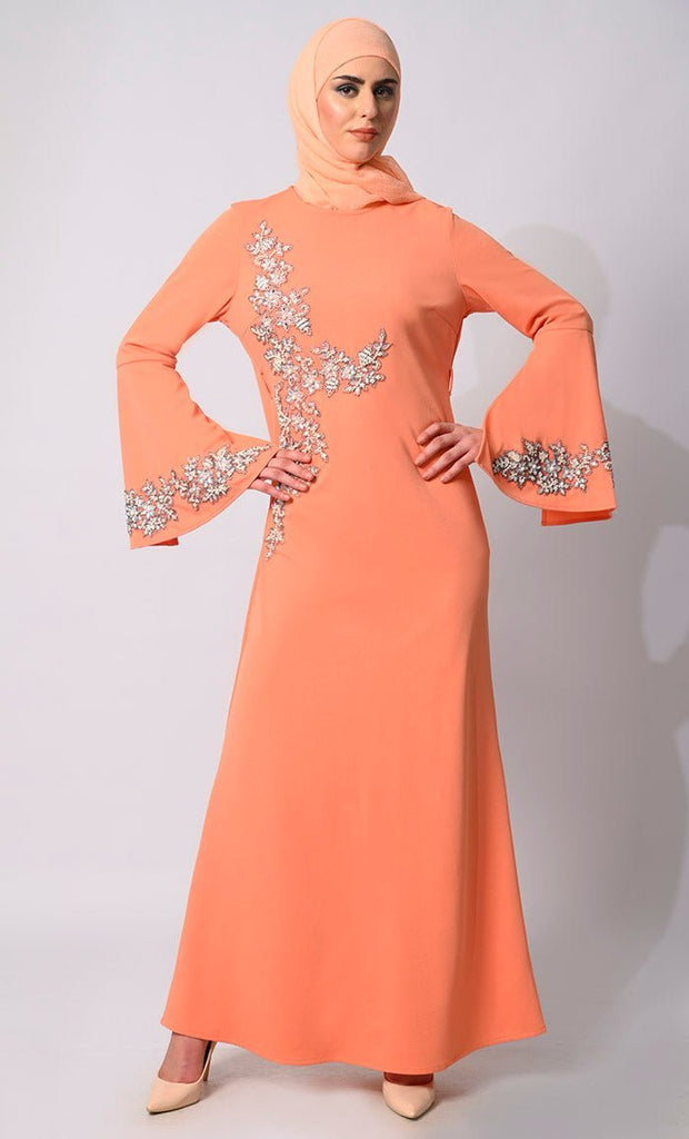 Pearls of Elegance: Stone Handwork Peach Abaya with Belt and Hijab - Final Sale - EastEssence.com