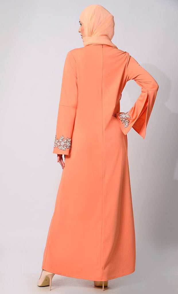 Pearls of Elegance: Stone Handwork Peach Abaya with Belt and Hijab - Final Sale - EastEssence.com