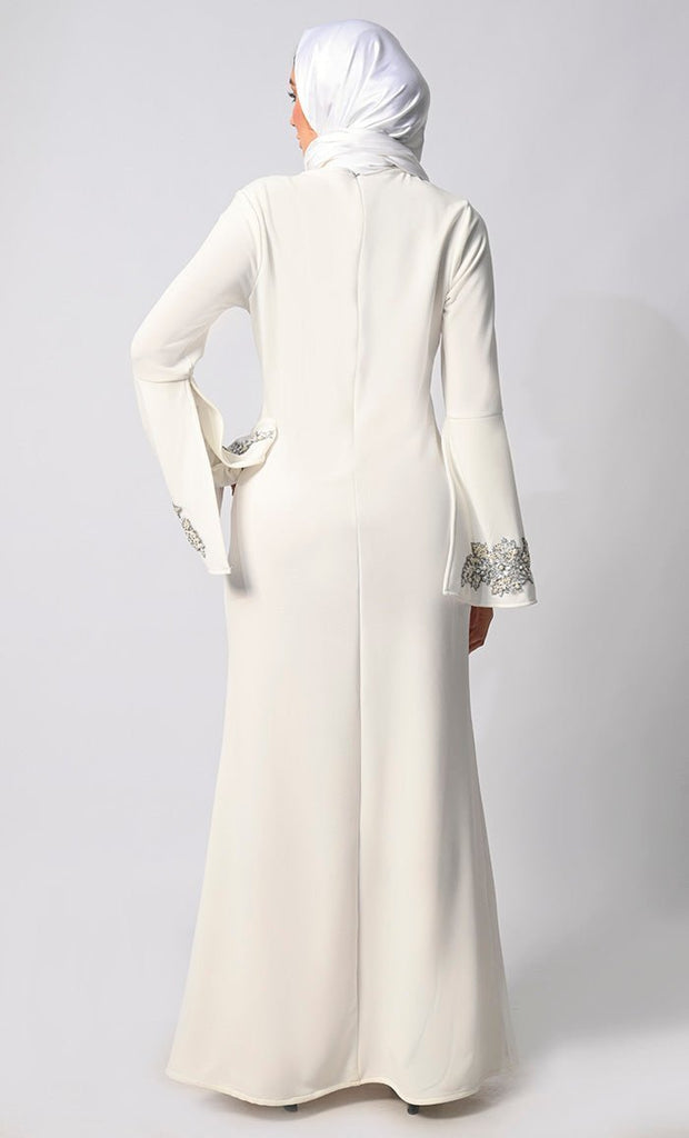 Pearls of Elegance: Stone Handwork White Abaya with Belt and Hijab - Final Sale - EastEssence.com