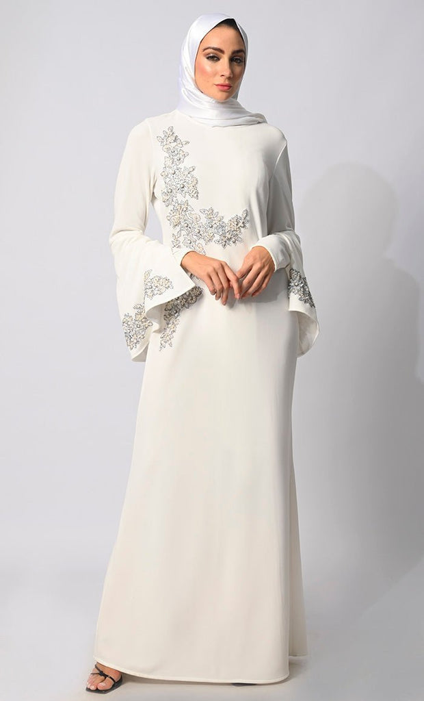 Pearls of Elegance: Stone Handwork White Abaya with Belt and Hijab - Final Sale - EastEssence.com