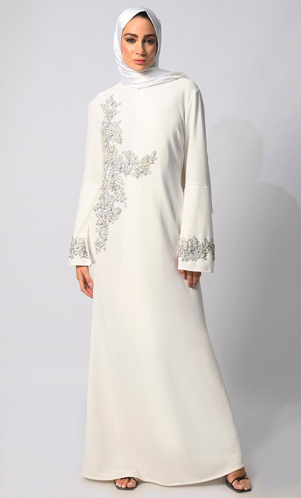 Pearls of Elegance: Stone Handwork White Abaya with Belt and Hijab - Final Sale - EastEssence.com