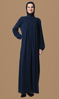Pleated Cotton Jersey Collared Abaya with Pockets - EastEssence.com