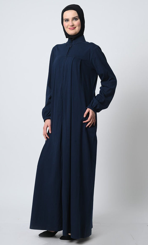 Pleated Front Cotton Jersey Abaya – Dual Pockets, Stand Collar - EastEssence.com