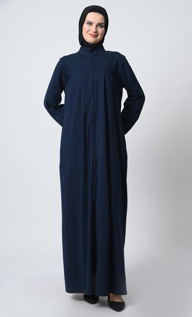 Pleated Front Cotton Jersey Abaya – Dual Pockets, Stand Collar - EastEssence.com