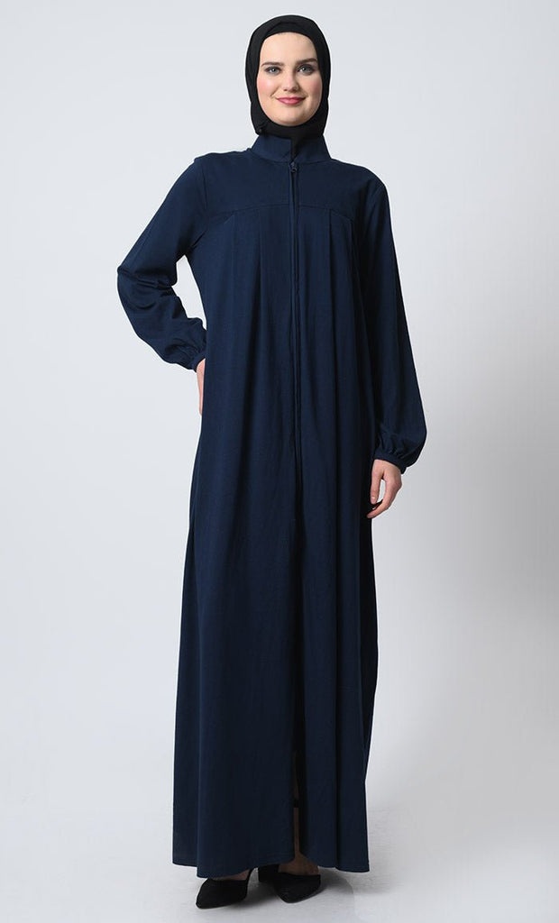 Pleated Front Cotton Jersey Abaya – Dual Pockets, Stand Collar - EastEssence.com