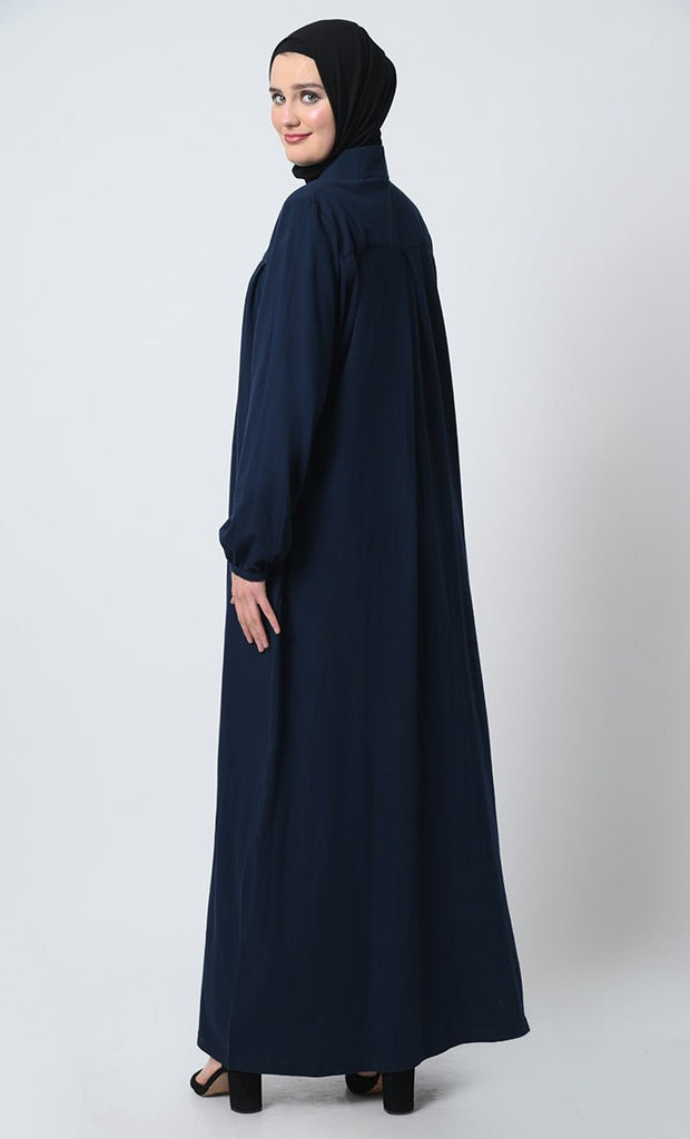 Pleated Front Cotton Jersey Abaya – Dual Pockets, Stand Collar - EastEssence.com