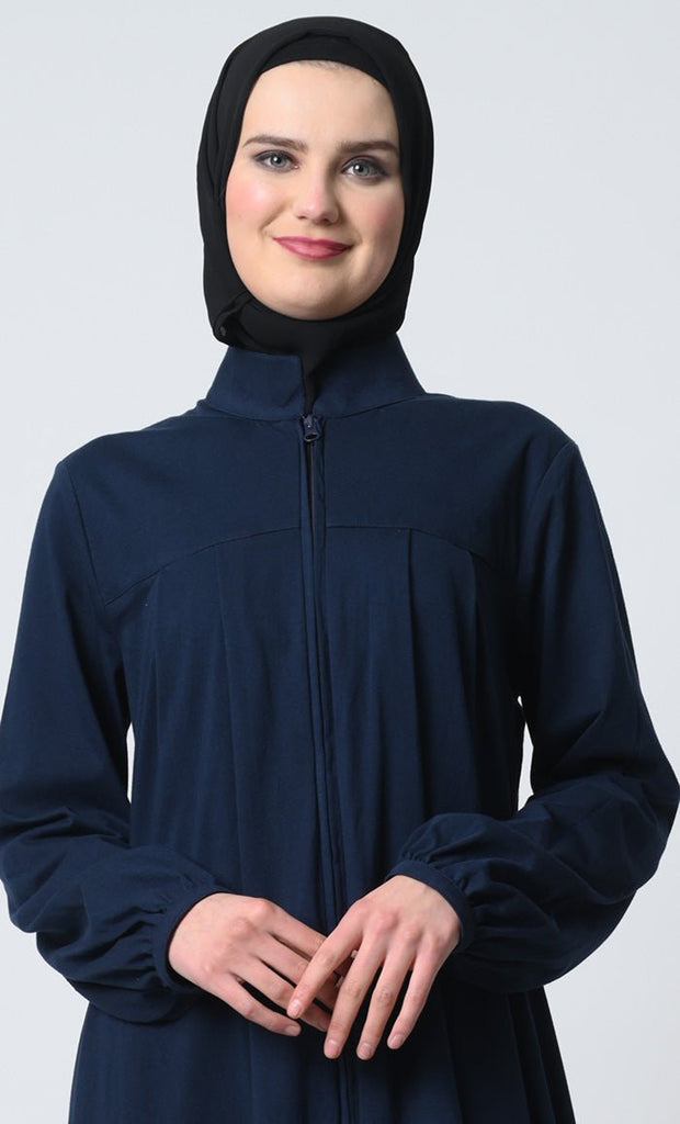 Pleated Front Cotton Jersey Abaya – Dual Pockets, Stand Collar - EastEssence.com