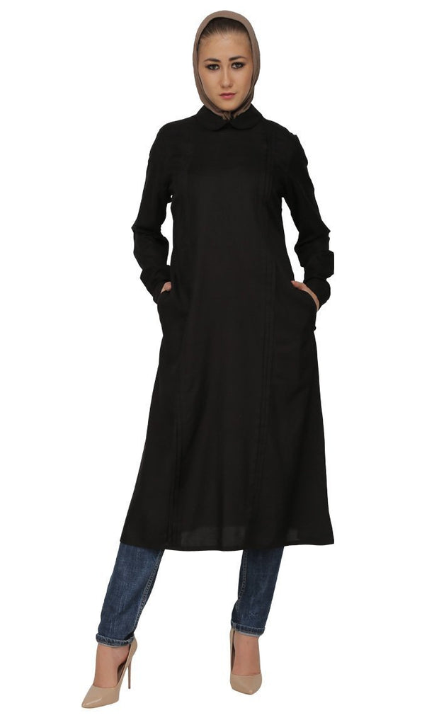 Pleated Panels And Peter Pan Collared Shirt Style Long Tunic (Black) - Final Sale - EastEssence.com