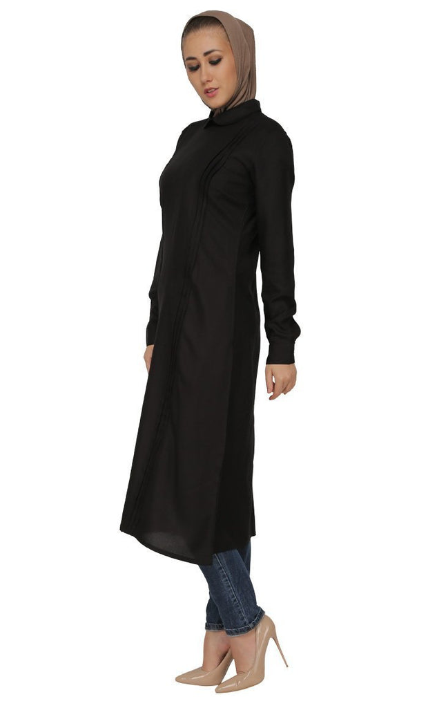 Pleated Panels And Peter Pan Collared Shirt Style Long Tunic (Black) - Final Sale - EastEssence.com