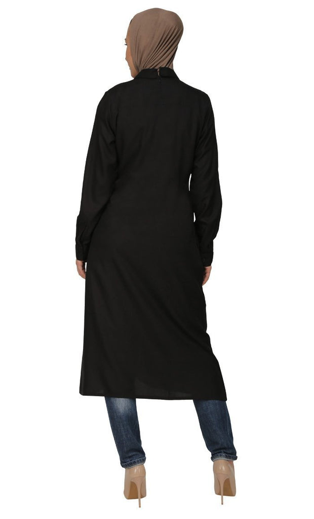 Pleated Panels And Peter Pan Collared Shirt Style Long Tunic (Black) - Final Sale - EastEssence.com