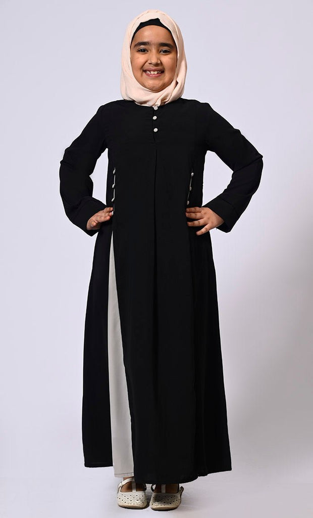 Pleated Perfection: Girl's Black Abaya with Box Pleats & Side Pockets - Final Sale - EastEssence.com