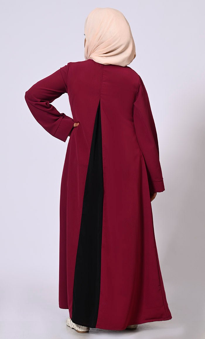 Pleated Perfection: Girl's Maroon Abaya with Box Pleats & Side Pockets - EastEssence.com