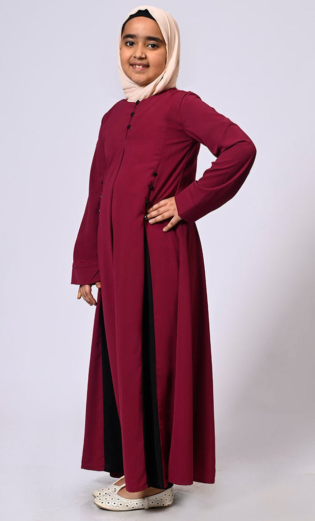 Pleated Perfection: Girl's Maroon Abaya with Box Pleats & Side Pockets - EastEssence.com