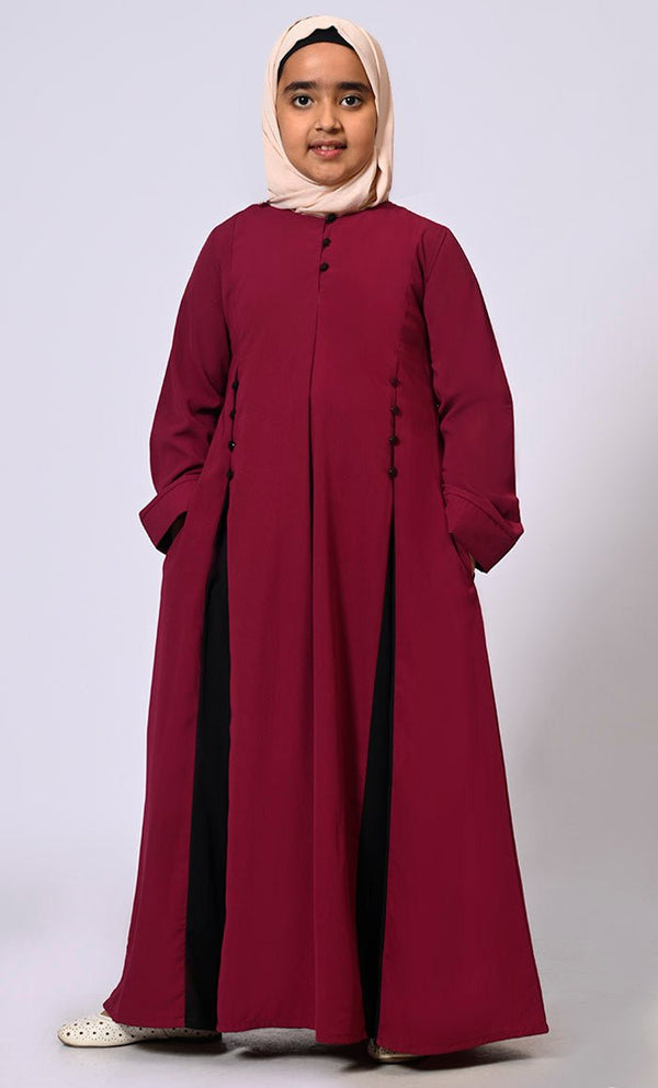 Pleated Perfection: Girl's Maroon Abaya with Box Pleats & Side Pockets - EastEssence.com
