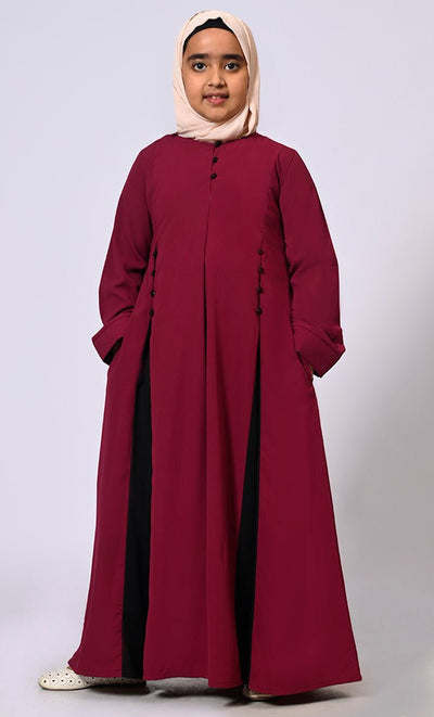 Pleated Perfection: Girl's Maroon Abaya with Box Pleats & Side Pockets - EastEssence.com