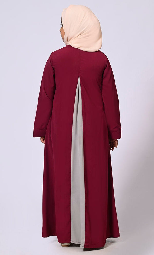 Pleated Perfection: Girl's Maroon Abaya with buttons detailing & Side Pockets - EastEssence.com