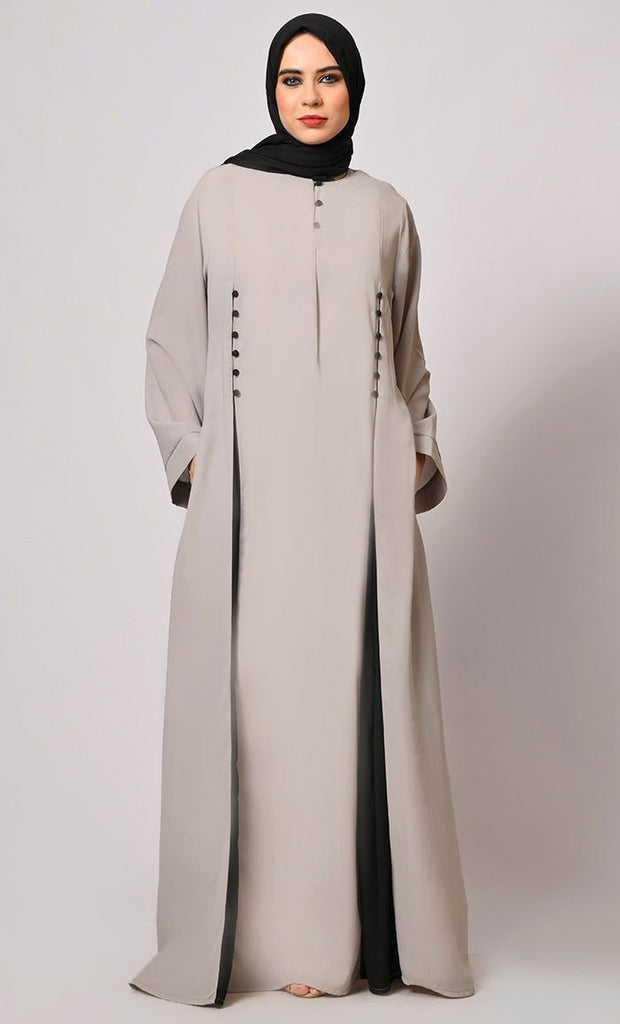 Pleated Perfection: Grey Abaya with Box Pleats & Side Pockets" - Final Sale - EastEssence.com