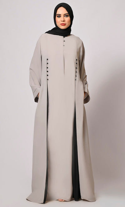 Pleated Perfection: Grey Abaya with Box Pleats & Side Pockets" - Final Sale - EastEssence.com