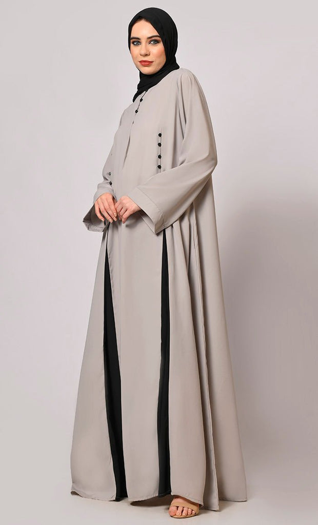 Pleated Perfection: Grey Abaya with Box Pleats & Side Pockets" - Final Sale - EastEssence.com