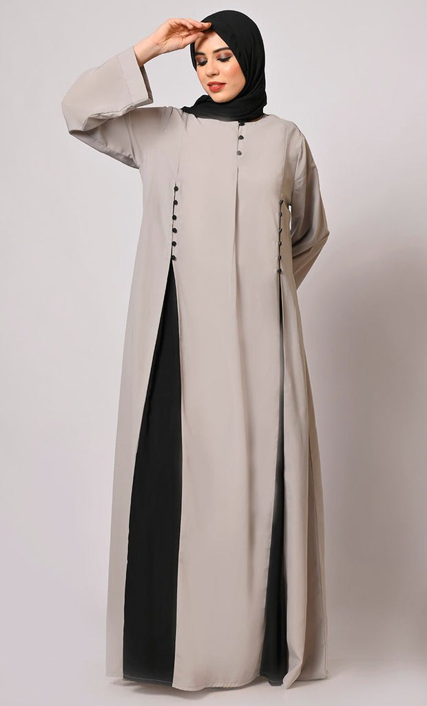 Pleated Perfection: Grey Abaya with Box Pleats & Side Pockets" - Final Sale - EastEssence.com