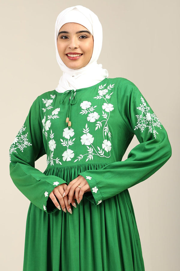 Pleated Waist Embroidered A - Line Rayon Abaya - EastEssence.com