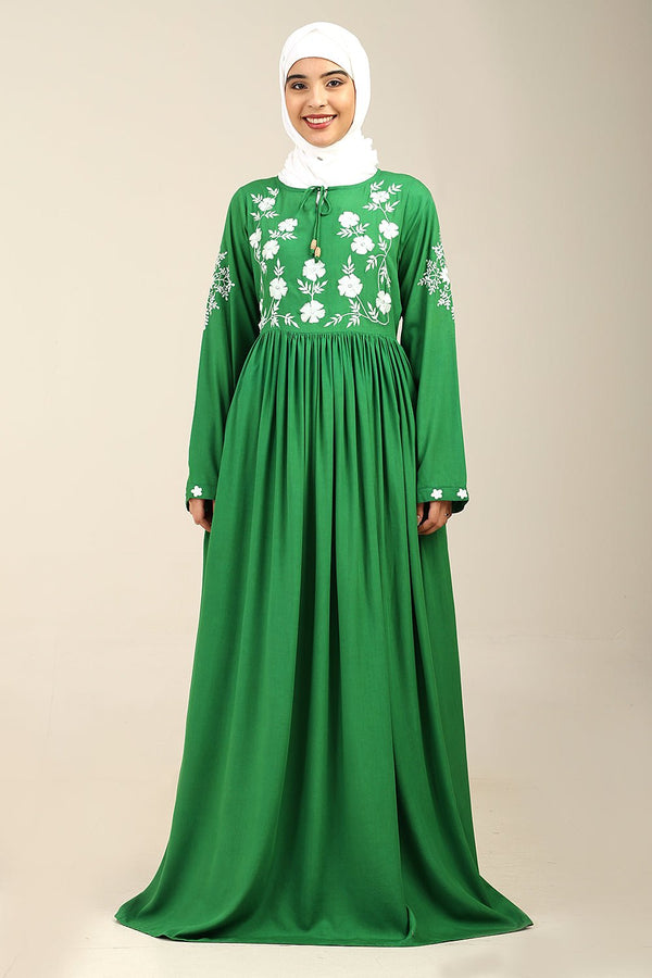 Pleated Waist Embroidered A - Line Rayon Abaya - EastEssence.com