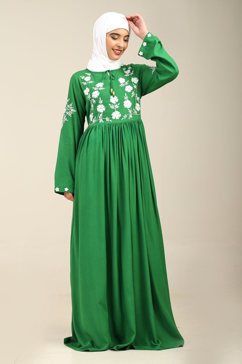 Pleated Waist Embroidered A - Line Rayon Abaya - EastEssence.com