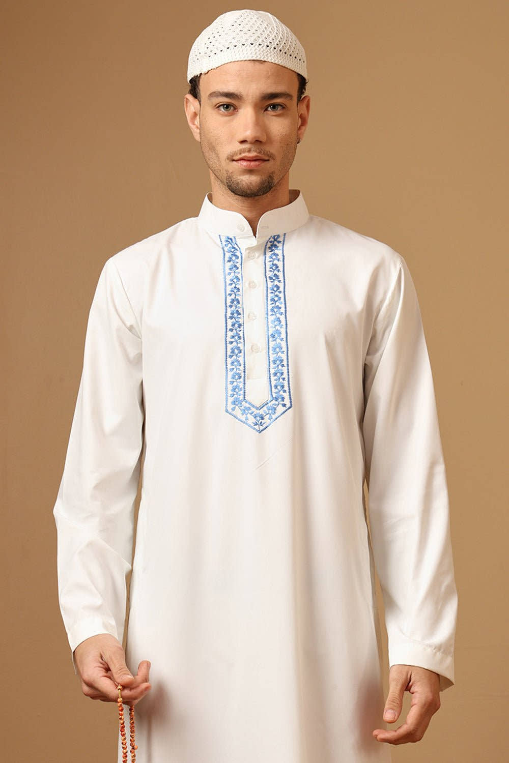 Polyester Embroidered Saudi Thobe with Mandarin Collar - EastEssence.com