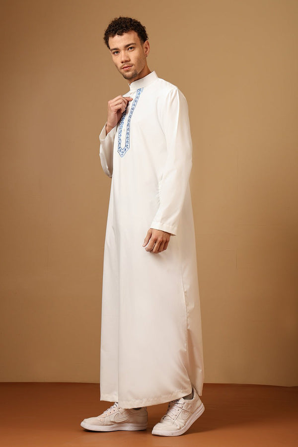 Polyester Embroidered Saudi Thobe with Mandarin Collar - EastEssence.com