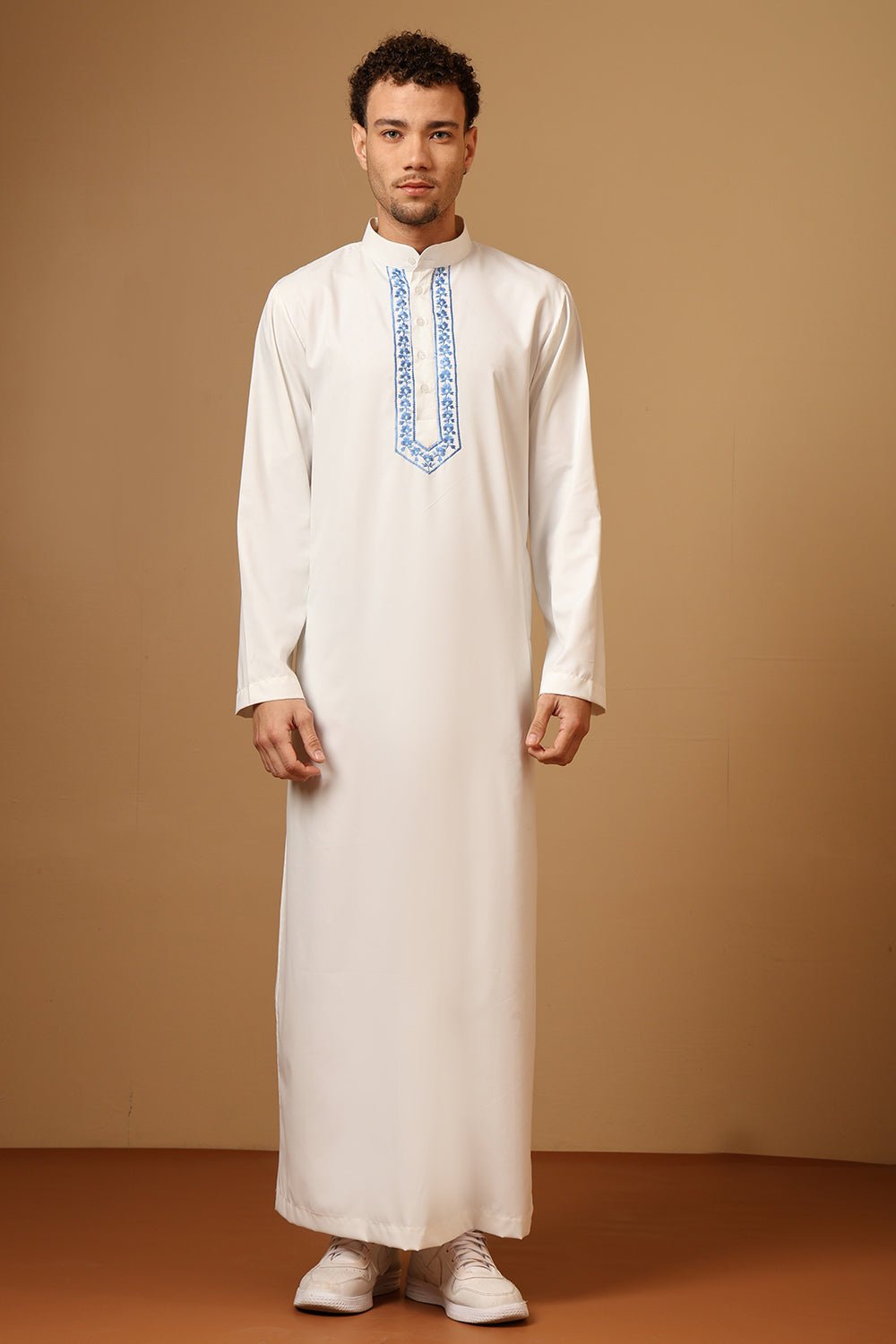Polyester Embroidered Saudi Thobe with Mandarin Collar - EastEssence.com