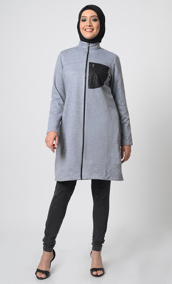Polyester Fleece Tunic ·Chest Pocket, Zipper Front - EastEssence.com