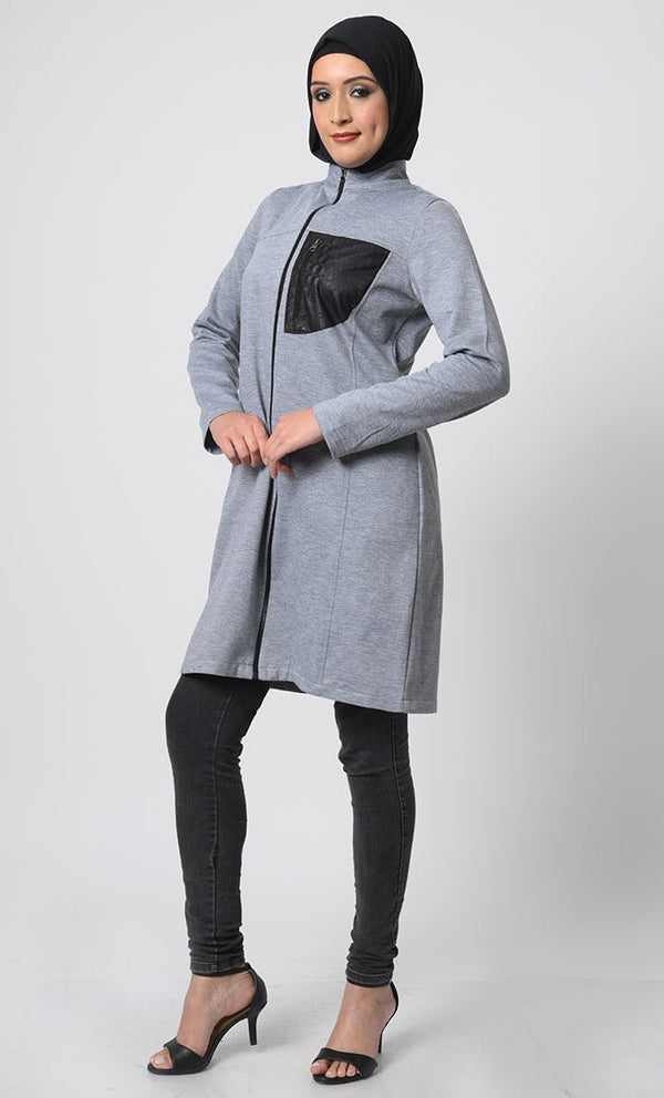 Polyester Fleece Tunic ·Chest Pocket, Zipper Front - EastEssence.com