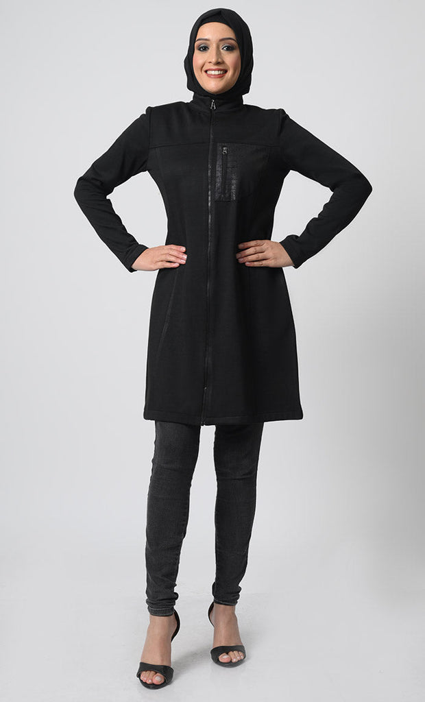 Polyester Fleece Tunic – Zipper Front, Stand Collar, Full Sleeves, Chest Pocket - EastEssence.com