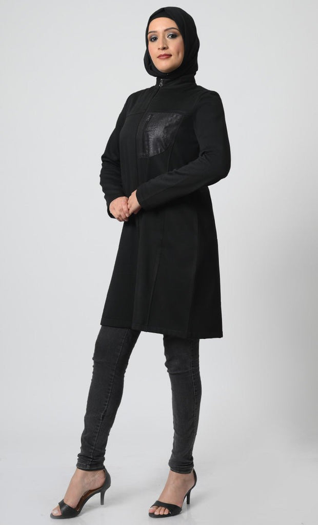 Polyester Fleece Tunic – Zipper Front, Stand Collar, Full Sleeves, Chest Pocket - EastEssence.com