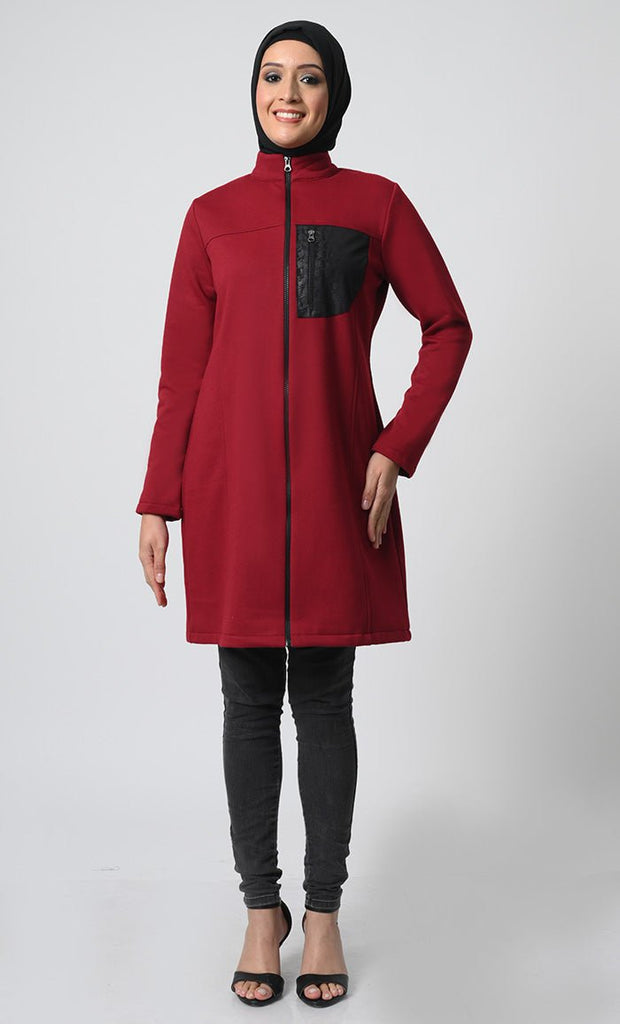 Polyester Fleece Zipper Tunic – Stand Collar, Full Sleeves, Single Chest Pocket - EastEssence.com