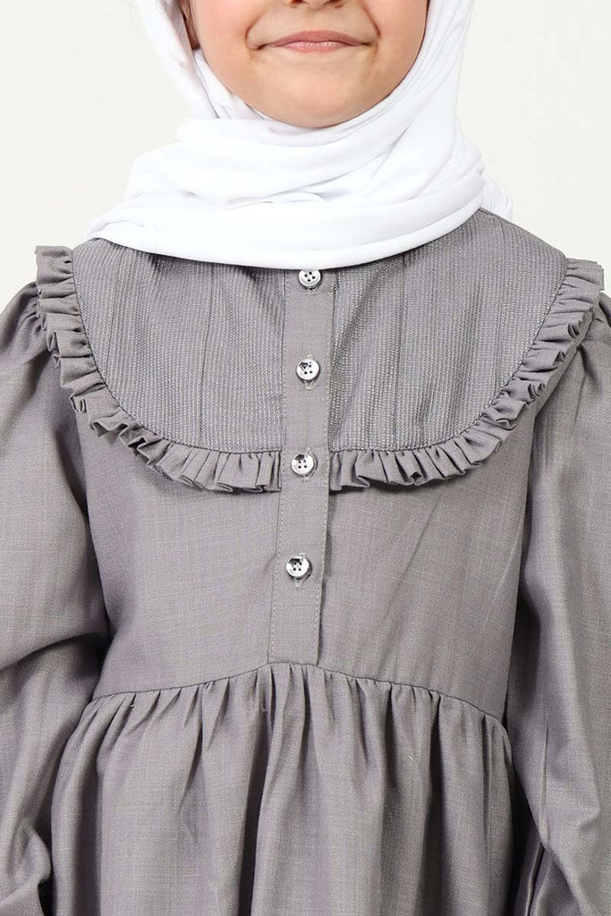 Polyester Poplin Abaya with Embroidered Yoke & Pleated Waist - Grey - EastEssence.com